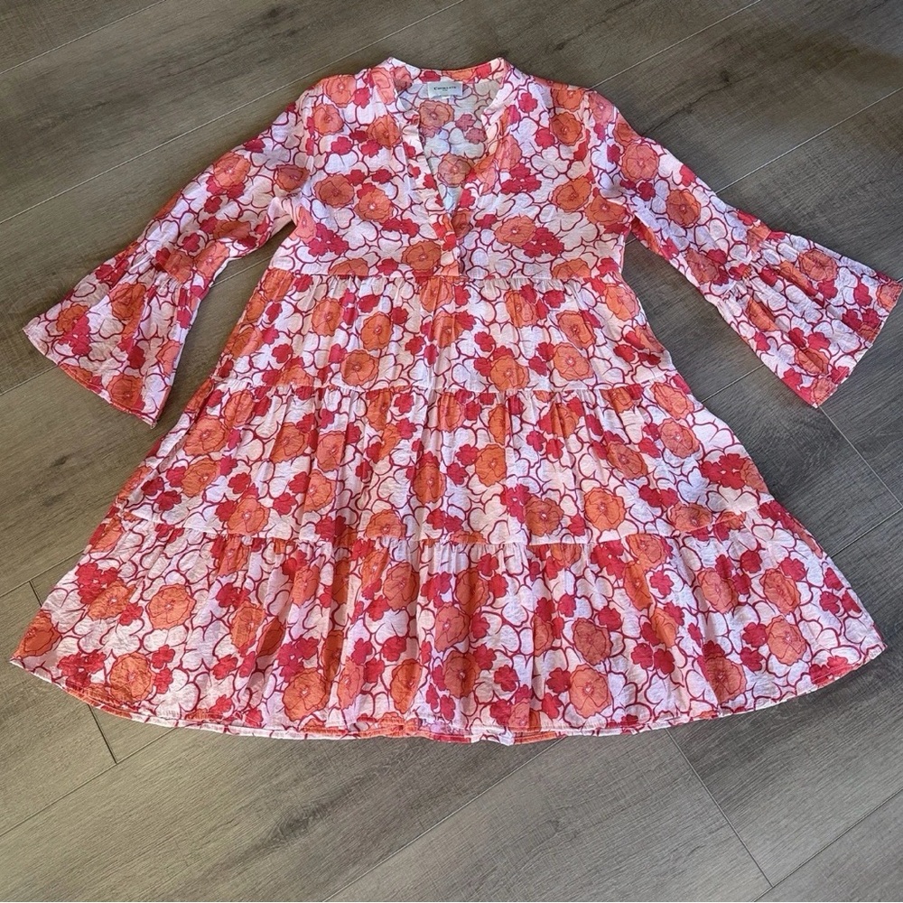 Choklate Paris Floral Flare Sleeve silk Blend Dress‎ S Knee Length V Neck Orange - Picture 6 of 9